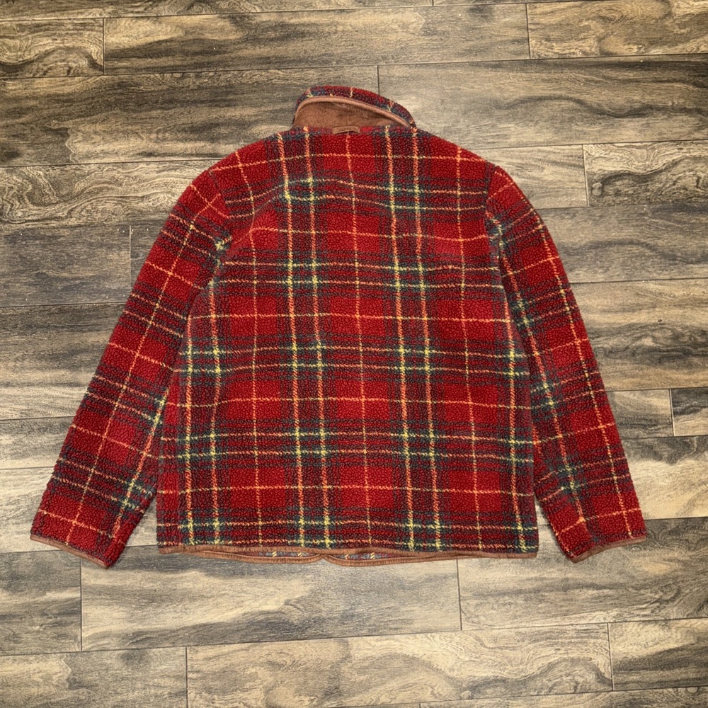 Orvis Deep-Pile Fleece Jacket Red Coat Plaid Women's Size L Toggle Front - Picture 8 of 8